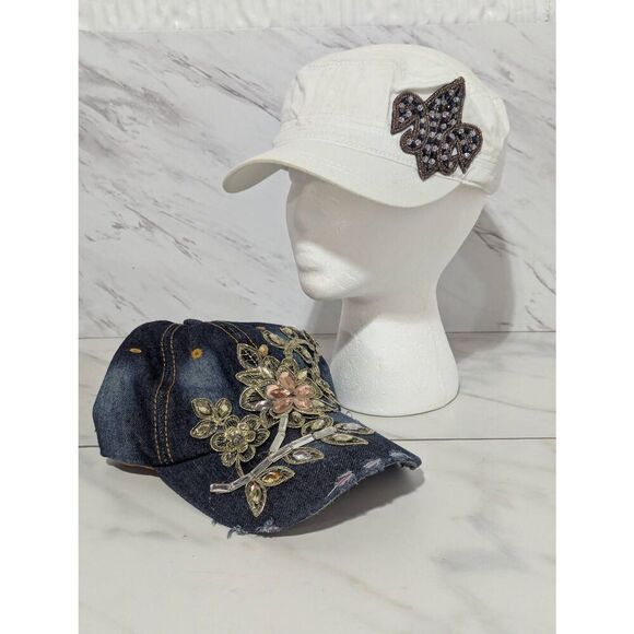 Unbranded Women's Bedazzled Denim Ball Cap & White Beaded Painter Cap